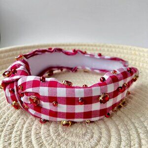 Handmade Gingham Headband, Jeweled Knot Headband, Game Day Headband